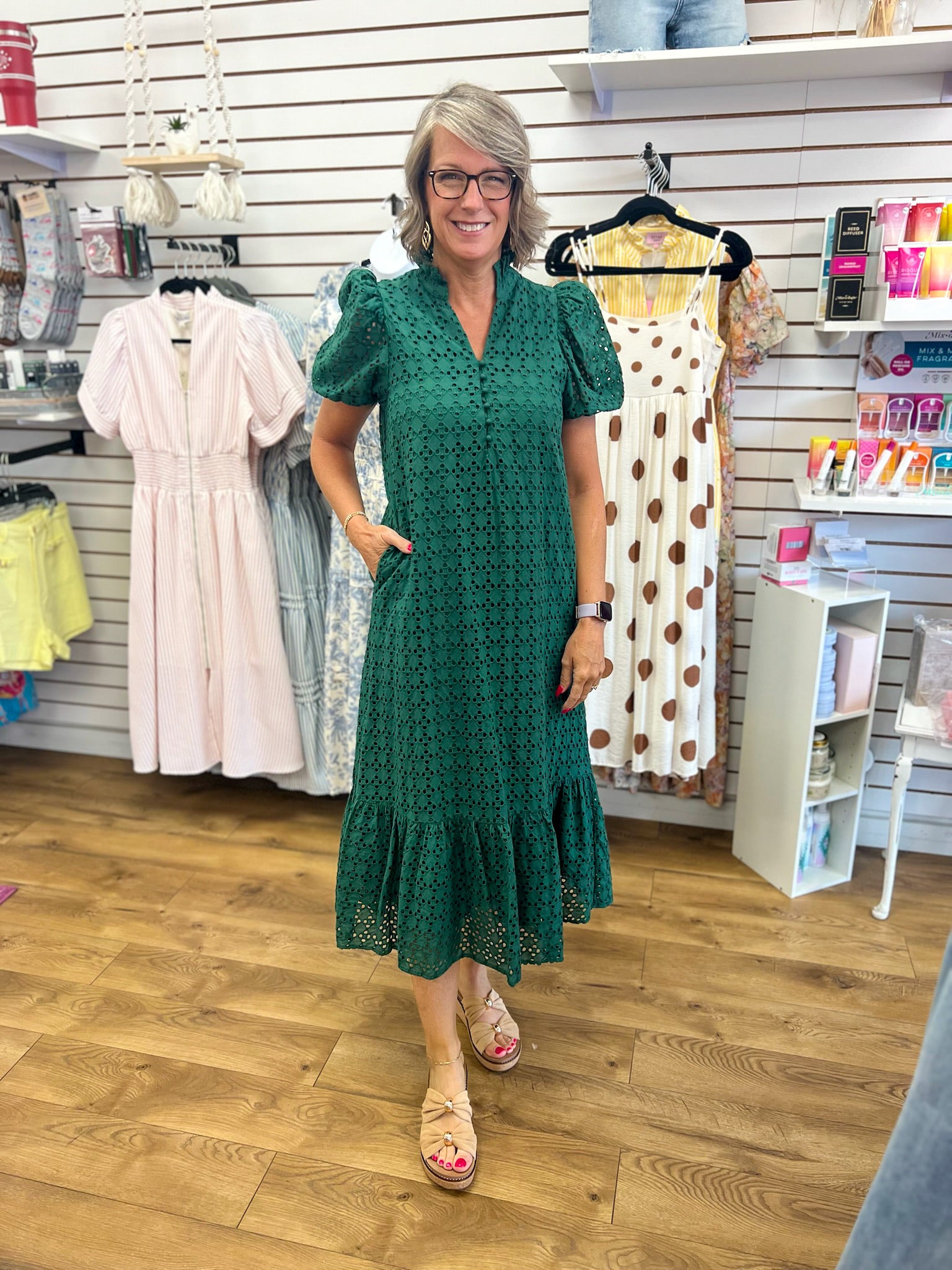 Entro hunter green eyelet lace midi dress with puff sleeves and V-neck