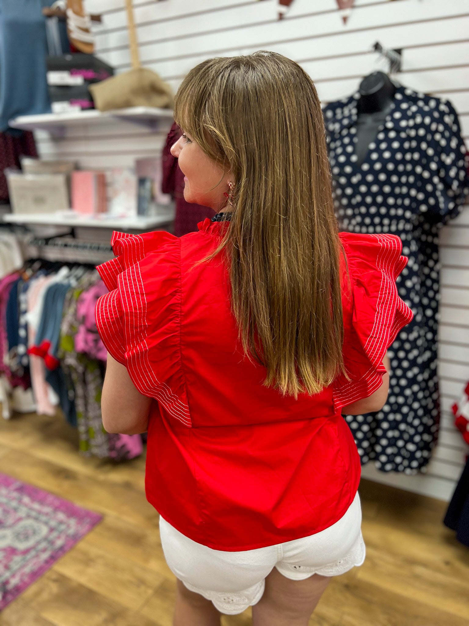 She + Sky red ruffle sleeve V-neck top paired with white scallop shorts