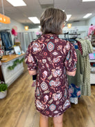 Wine floral short puff sleeve mini dress with mixed print, back view
