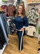 Navy blue colorblock wide leg pants set with cream side stripe and matching top