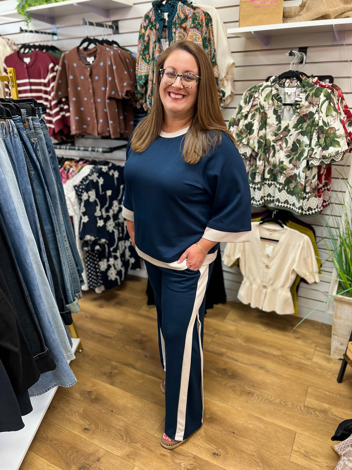 Navy blue colorblock wide leg pants set with cream side stripe and matching top