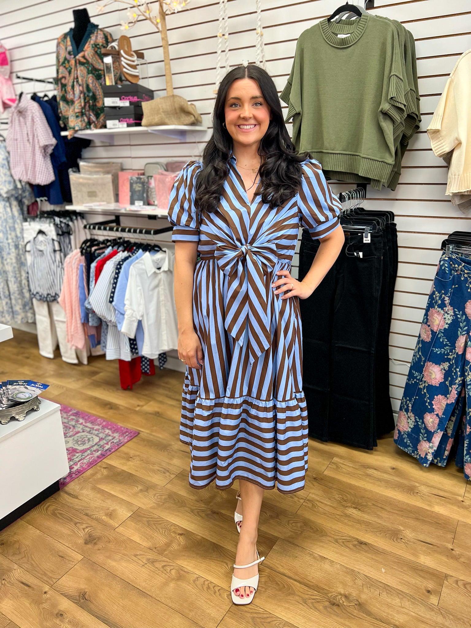 Blue and Brown Striped Midi Dress with Front Tie Waist