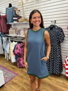 Hunter green and blue vertical stripe sleeveless mini dress with contrast trim and pockets