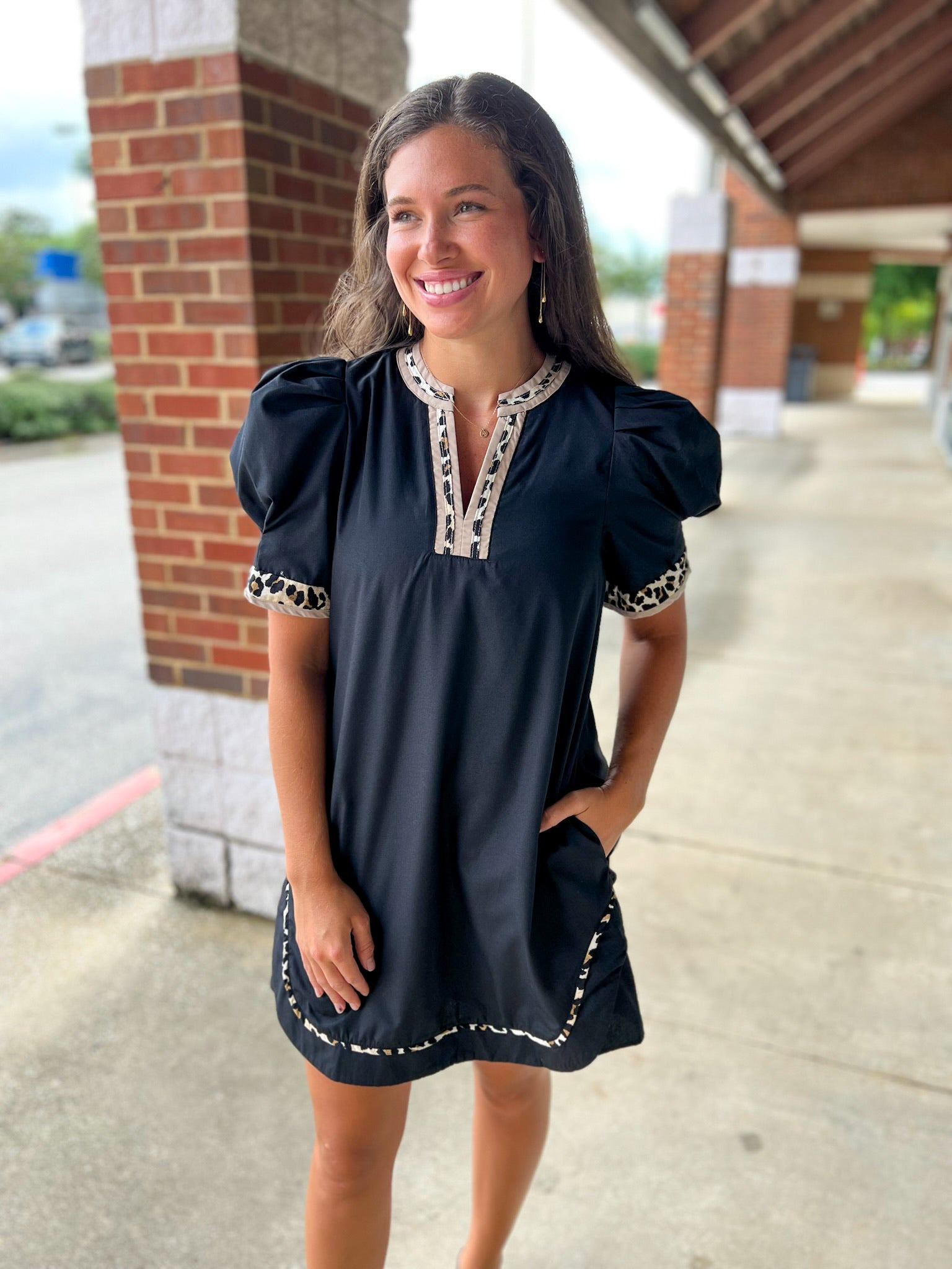 Black dress v-neck lined short puff sleeves animal print contrast trim pockets