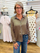 She + Sky olive satin button-up shirt with pink polka dots, long sleeves