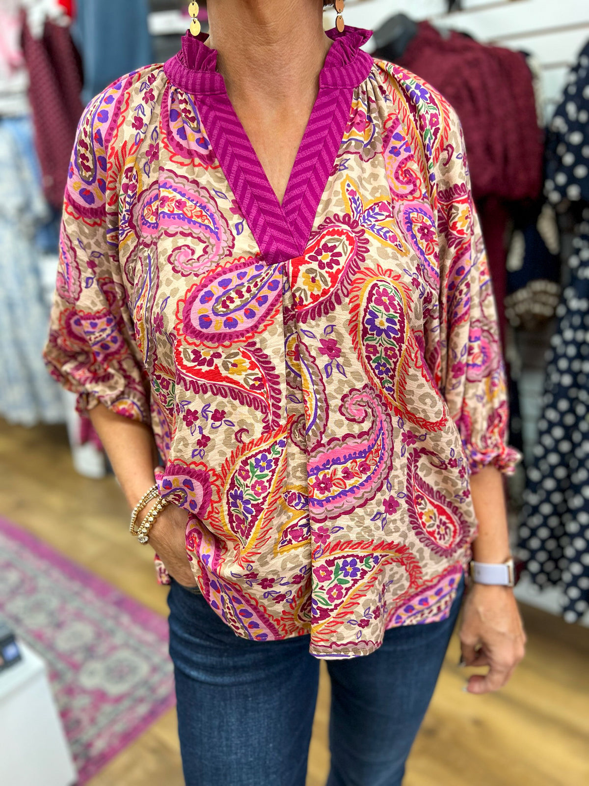 Umgee ecru paisley embroidered V-neck top with magenta trim and 3/4 balloon sleeves
