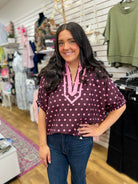 Wine and pink polka dot V-neck top with short dolman sleeves by Entro