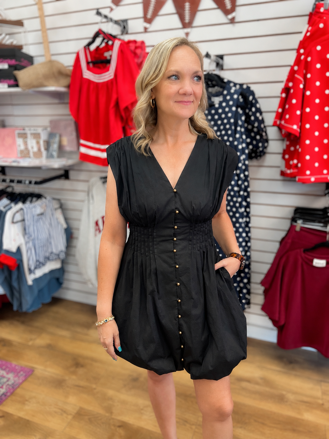 Entro black sleeveless button-front dress with smocked pintuck waist and bubble hem
