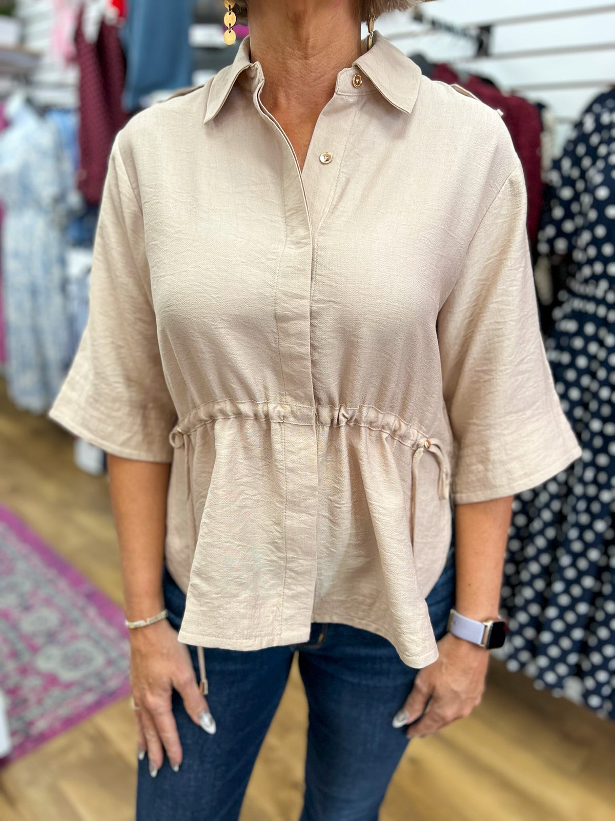 Entro light taupe short sleeve button-up top with drawstring cinched waist