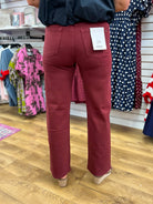 Mica Denim high rise wide leg jeans in deep burgundy, size 26, back view