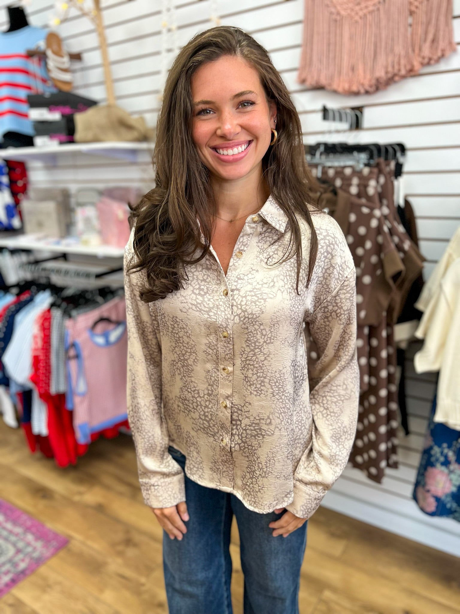 Taupe leopard print long sleeve button-up satin blouse with gold buttons