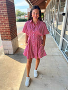 Red white striped shirt dress short sleeves collar pockets button up game day dress