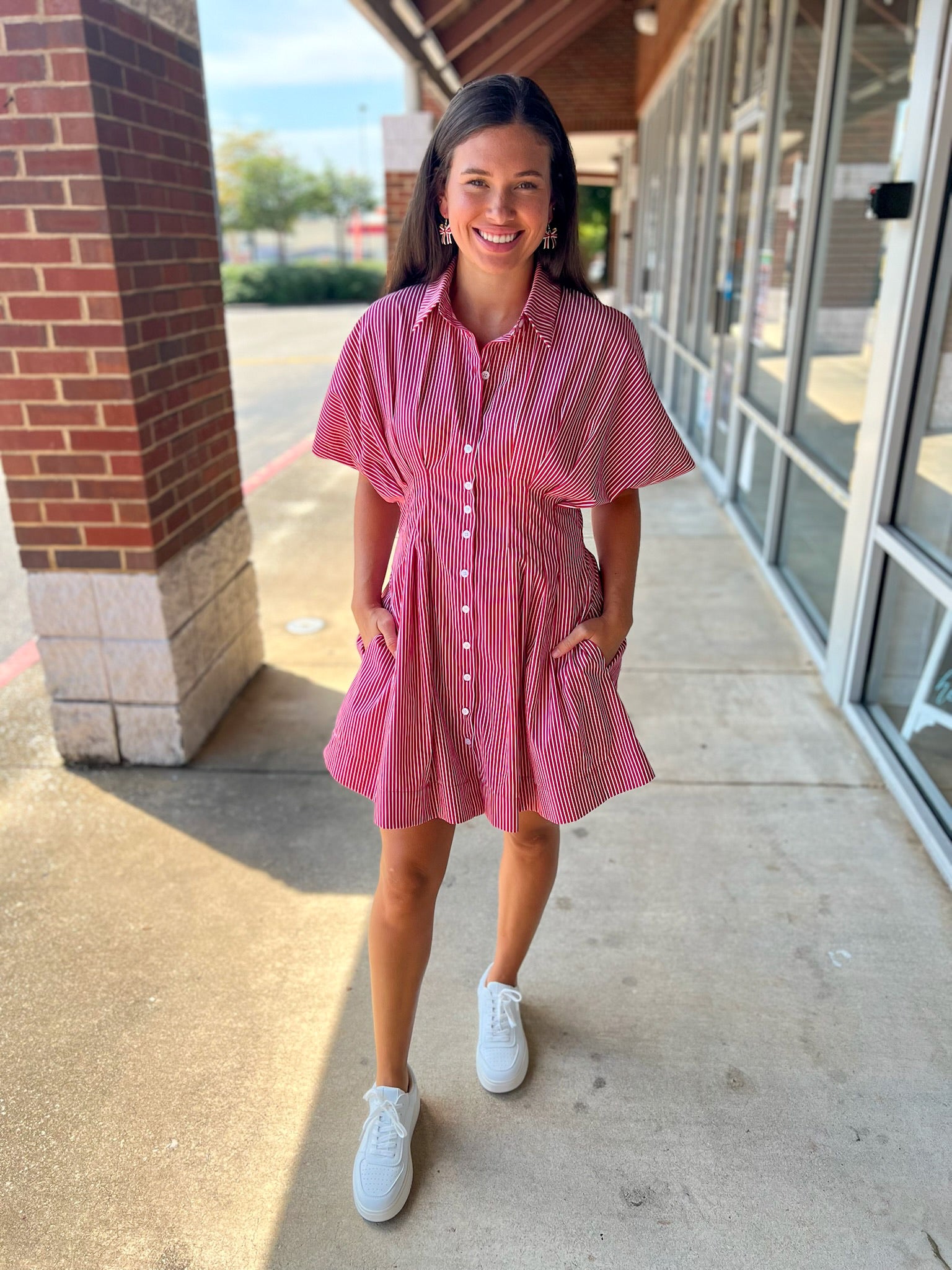 Red white striped shirt dress short sleeves collar pockets button up game day dress
