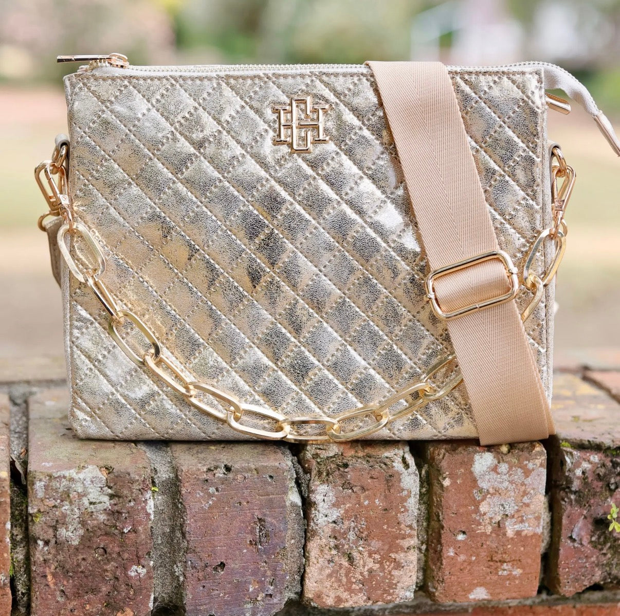 Caroline Hill metallic champagne quilted crossbody purse with gold chain and tan strap