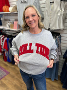 Grey crewneck sweatshirt with bold red arched Roll Tide lettering