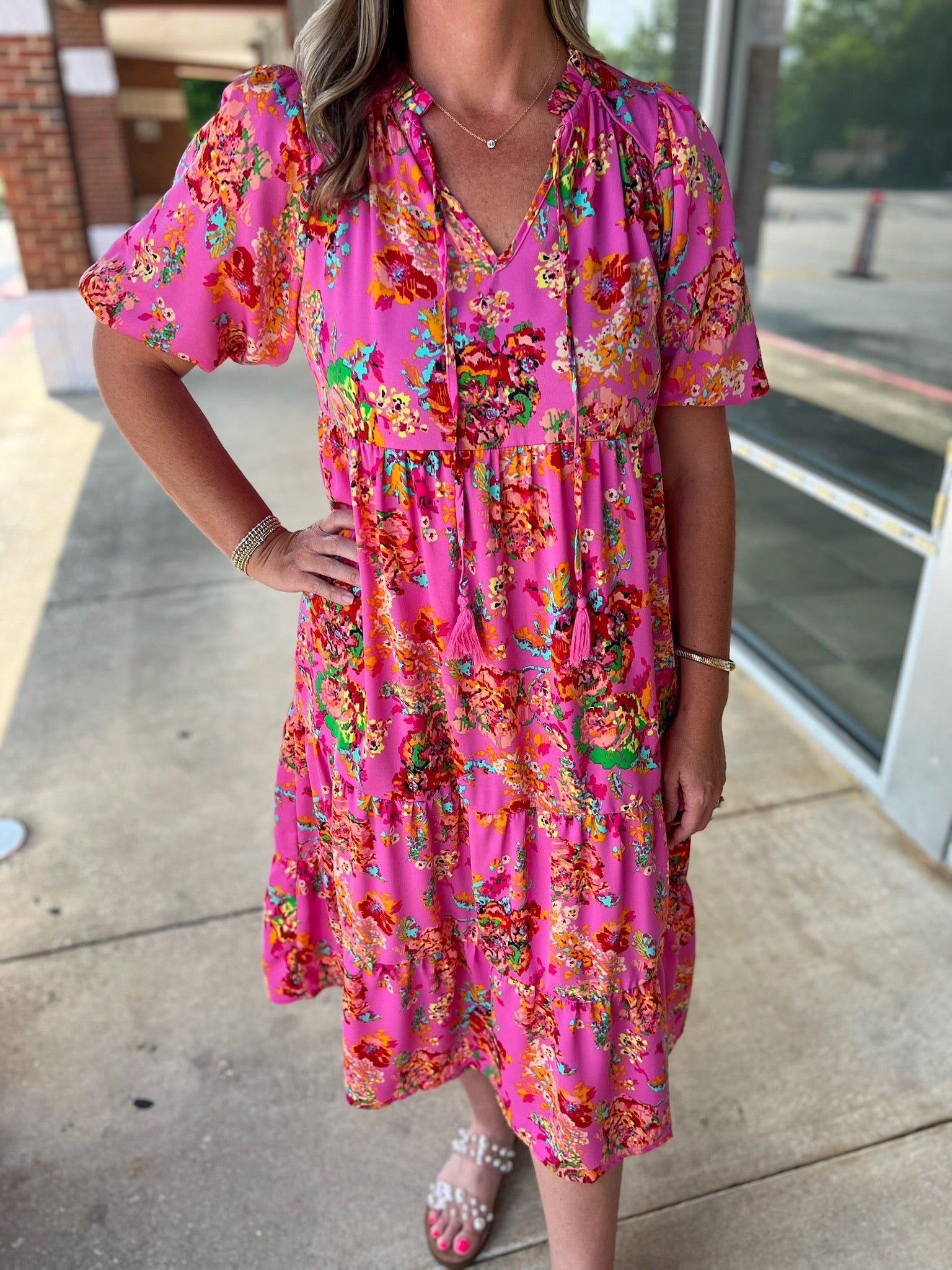 A Moment To Spare Pink Floral V - Neck Midi Dress - A'Bekah's Boutique