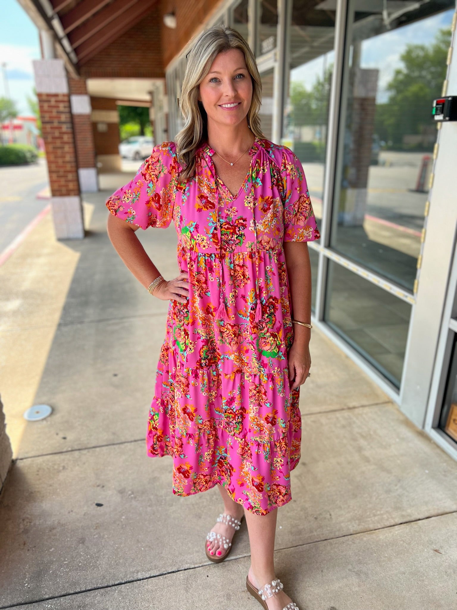 A Moment To Spare Pink Floral V - Neck Midi Dress - A'Bekah's Boutique