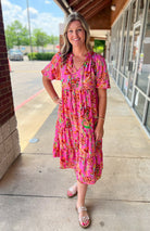 A Moment To Spare Pink Floral V - Neck Midi Dress - A'Bekah's Boutique