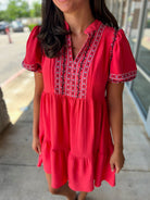 A New Day Coral Dress with Embroidered Puff Sleeves - A'Bekah's Boutique