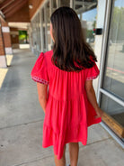 A New Day Coral Dress with Embroidered Puff Sleeves - A'Bekah's Boutique