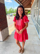 A New Day Coral Dress with Embroidered Puff Sleeves - A'Bekah's Boutique