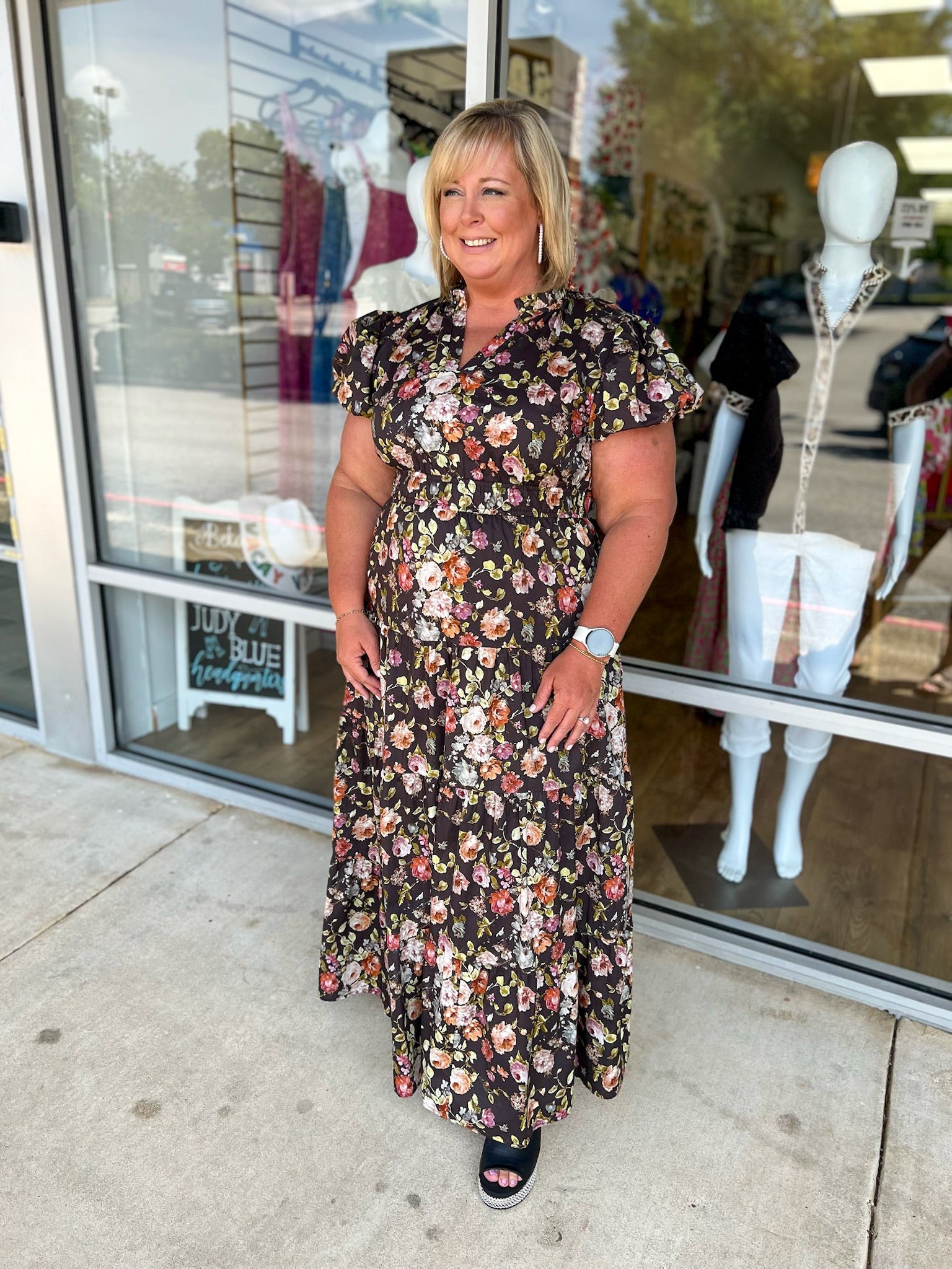All Day Long Chocolate Floral Tiered Midi Dress(C) - A'Bekah's Boutique