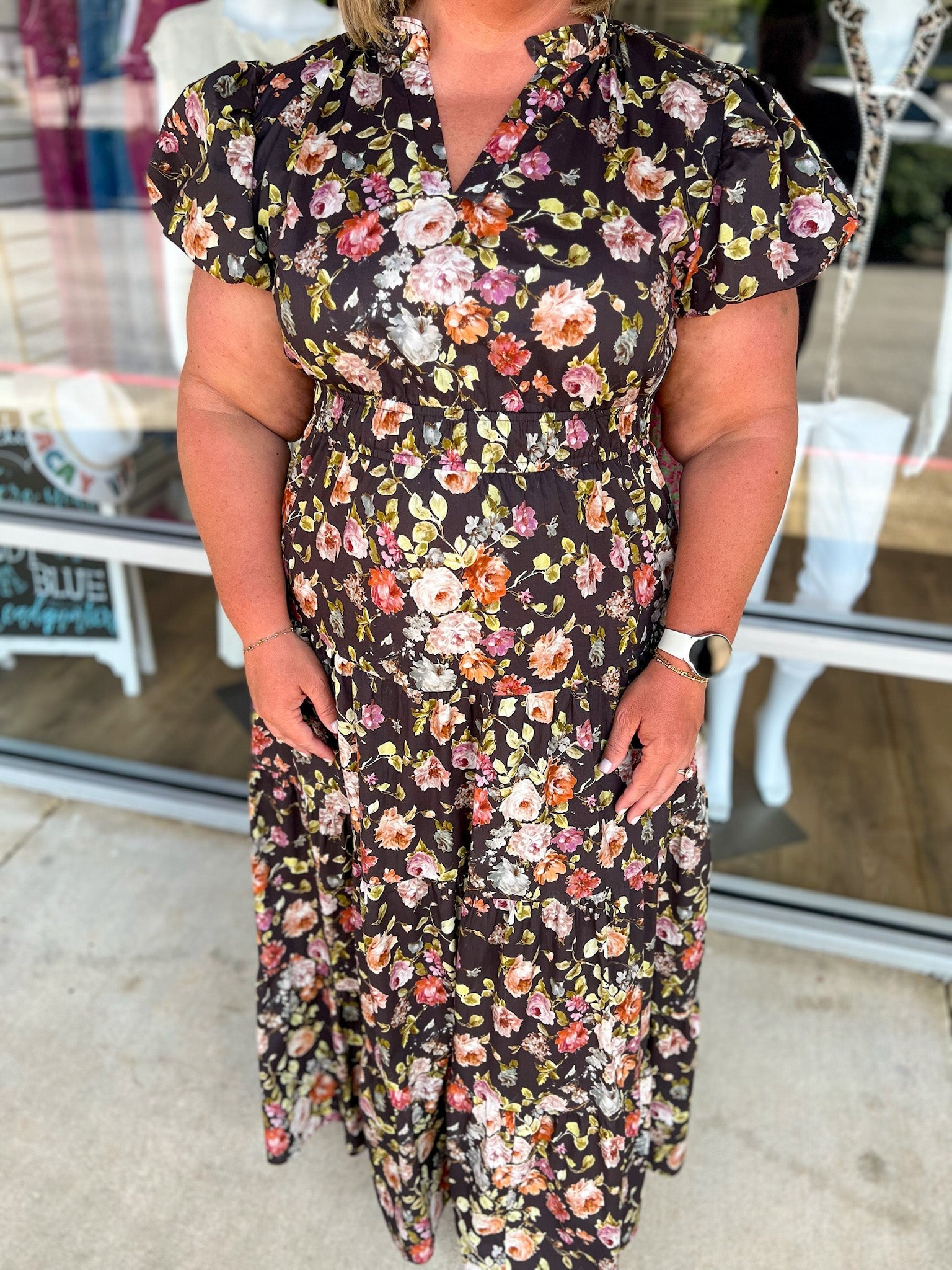 All Day Long Chocolate Floral Tiered Midi Dress(C) - A'Bekah's Boutique