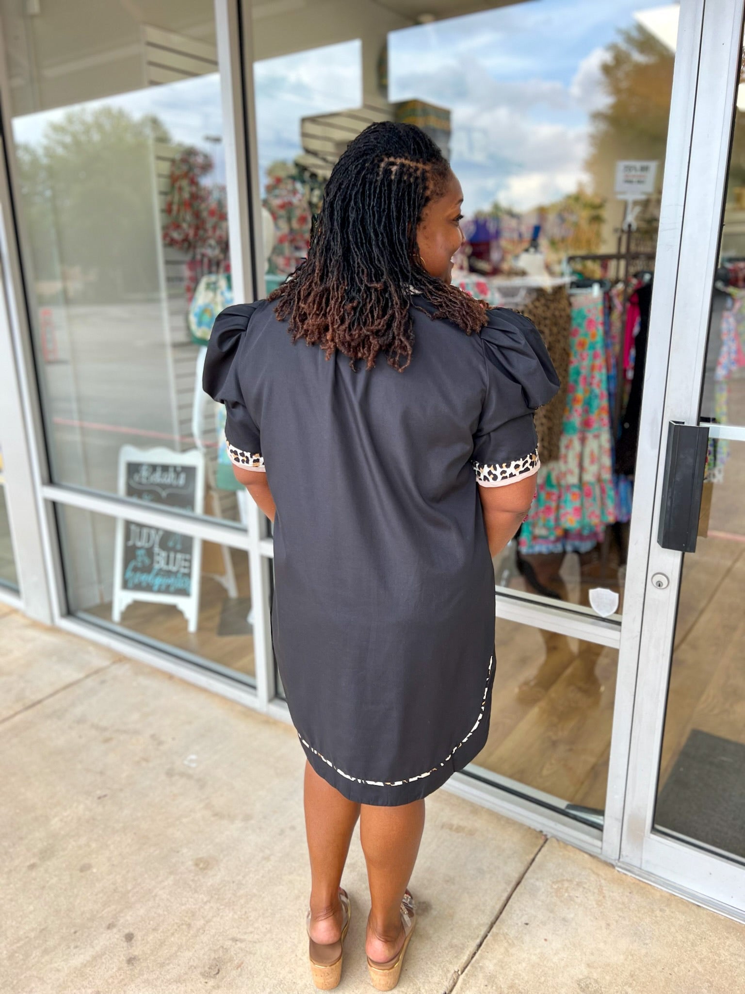 All For You Black Short Puff Sleeve Dress with Animal Print Contrast Detail (C) - A'Bekah's Boutique
