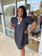All For You Black Short Puff Sleeve Dress with Animal Print Contrast Detail (C) - A'Bekah's Boutique