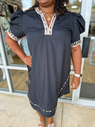 All For You Black Short Puff Sleeve Dress with Animal Print Contrast Detail (C) - A'Bekah's Boutique