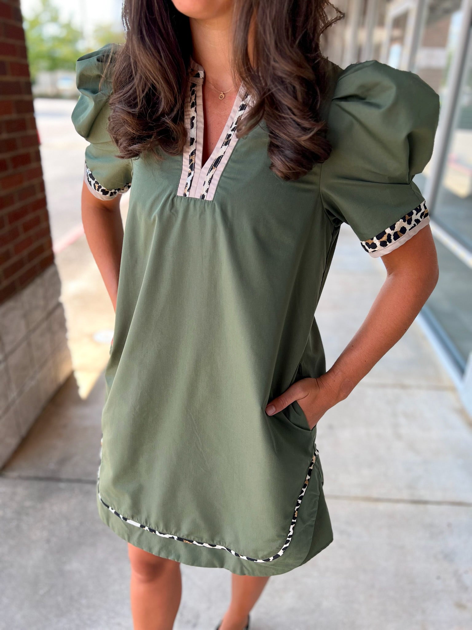 All For You Olive Short Puff Sleeve Dress with Animal Print Contrast Detail - A'Bekah's Boutique