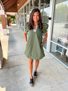 All For You Olive Short Puff Sleeve Dress with Animal Print Contrast Detail - A'Bekah's Boutique