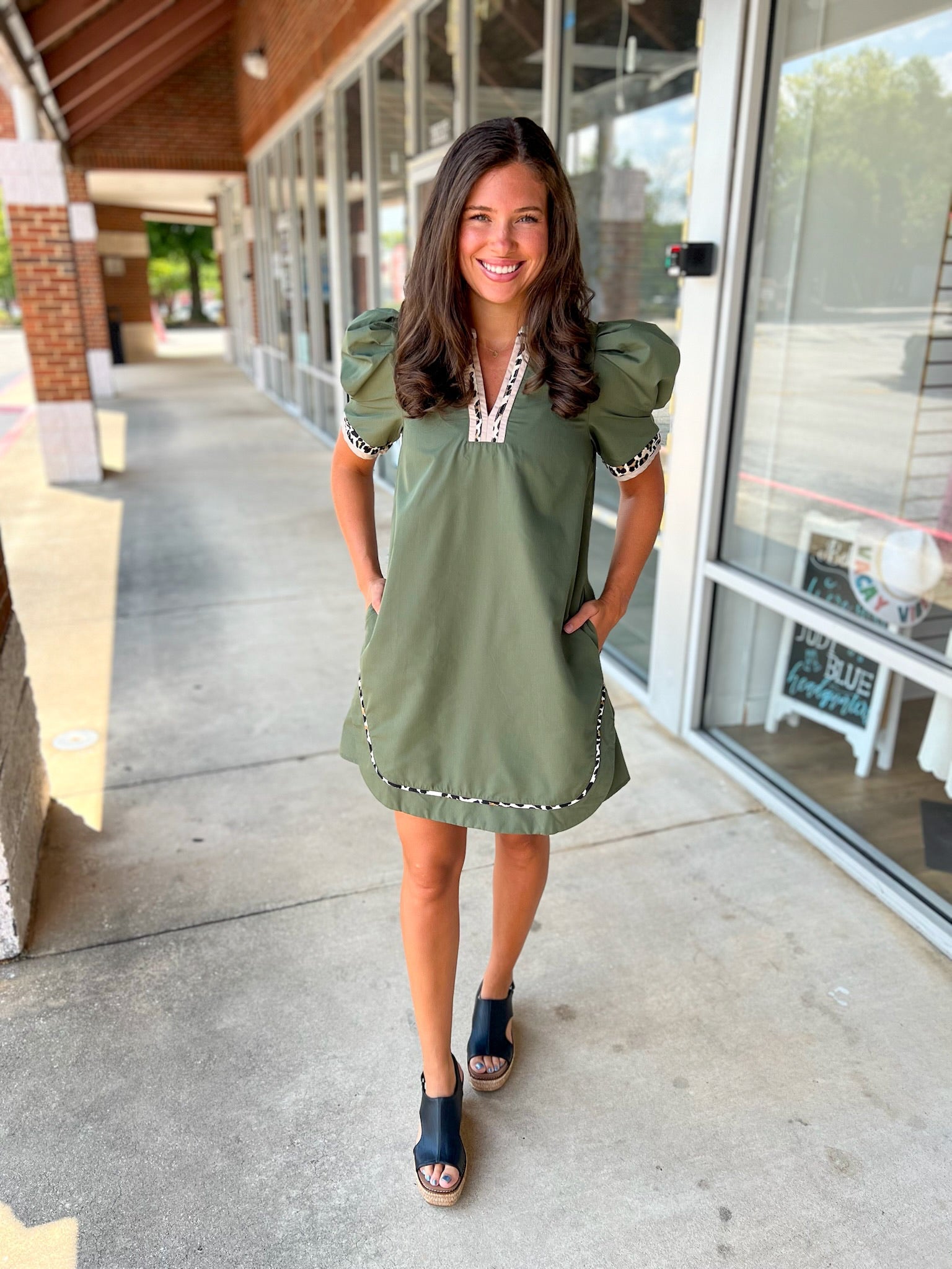 All For You Olive Short Puff Sleeve Dress with Animal Print Contrast Detail - A'Bekah's Boutique