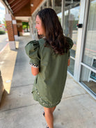 All For You Olive Short Puff Sleeve Dress with Animal Print Contrast Detail - A'Bekah's Boutique