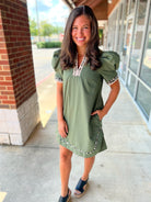 All For You Olive Short Puff Sleeve Dress with Animal Print Contrast Detail - A'Bekah's Boutique