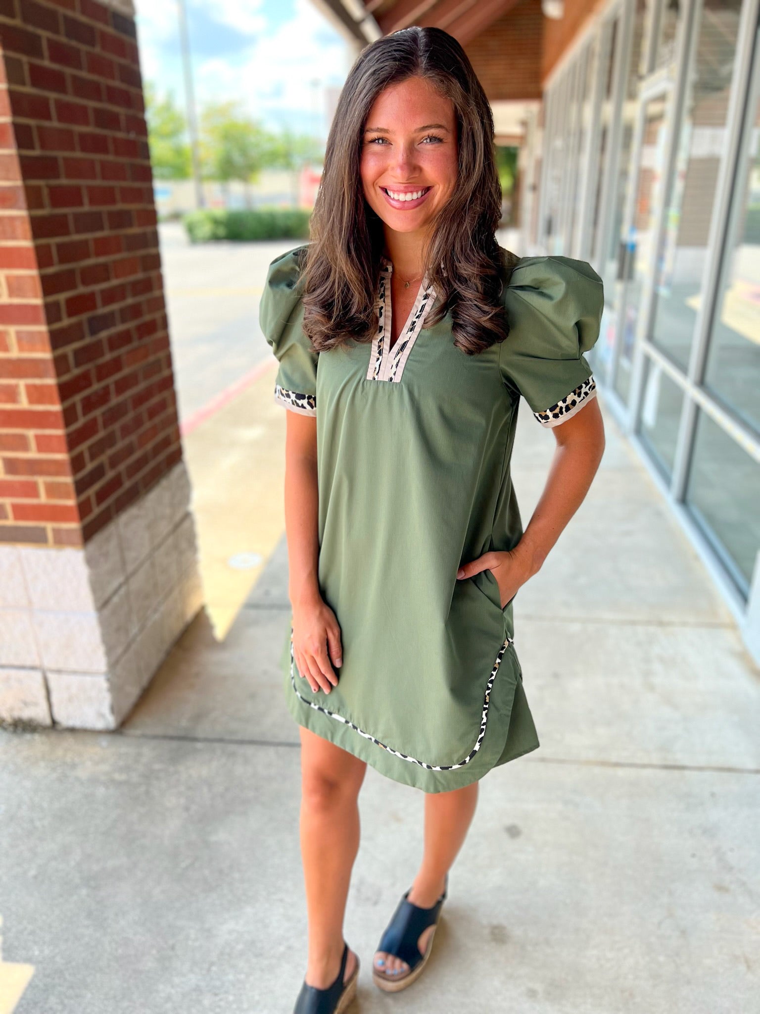 All For You Olive Short Puff Sleeve Dress with Animal Print Contrast Detail - A'Bekah's Boutique
