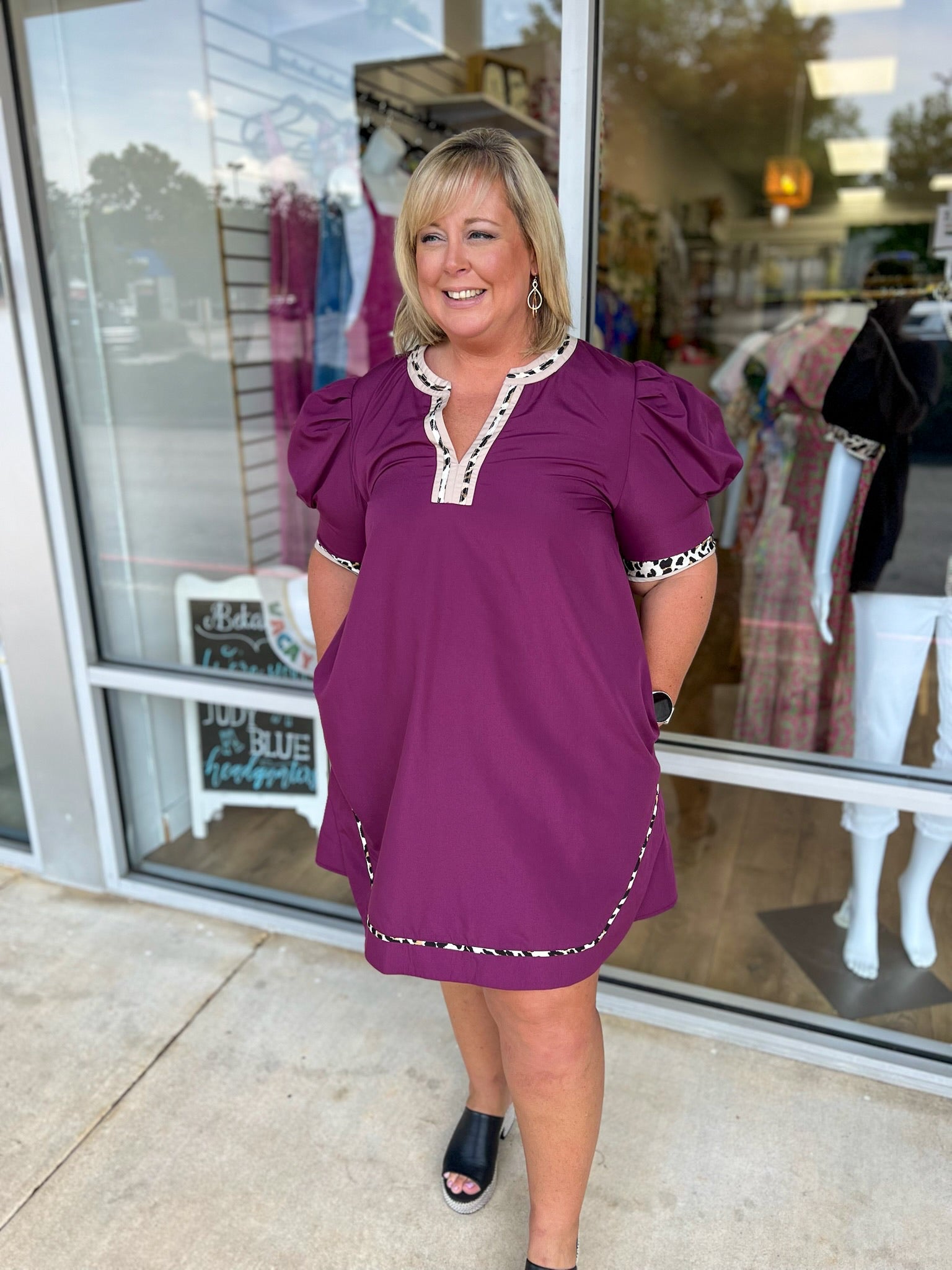 All For You Plum Short Puff Sleeve Dress with Animal Print Contrast Detail (C) - A'Bekah's Boutique
