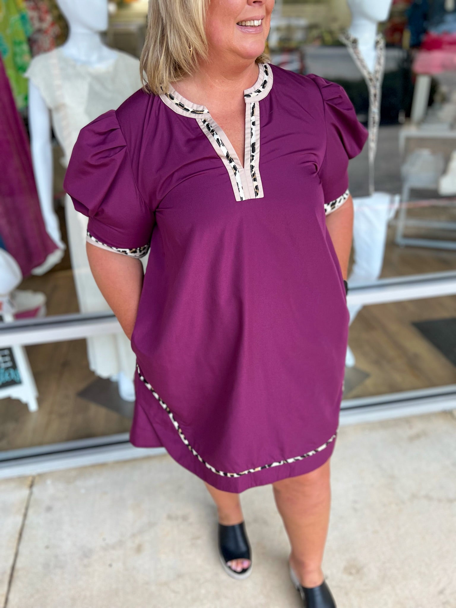 All For You Plum Short Puff Sleeve Dress with Animal Print Contrast Detail (C) - A'Bekah's Boutique