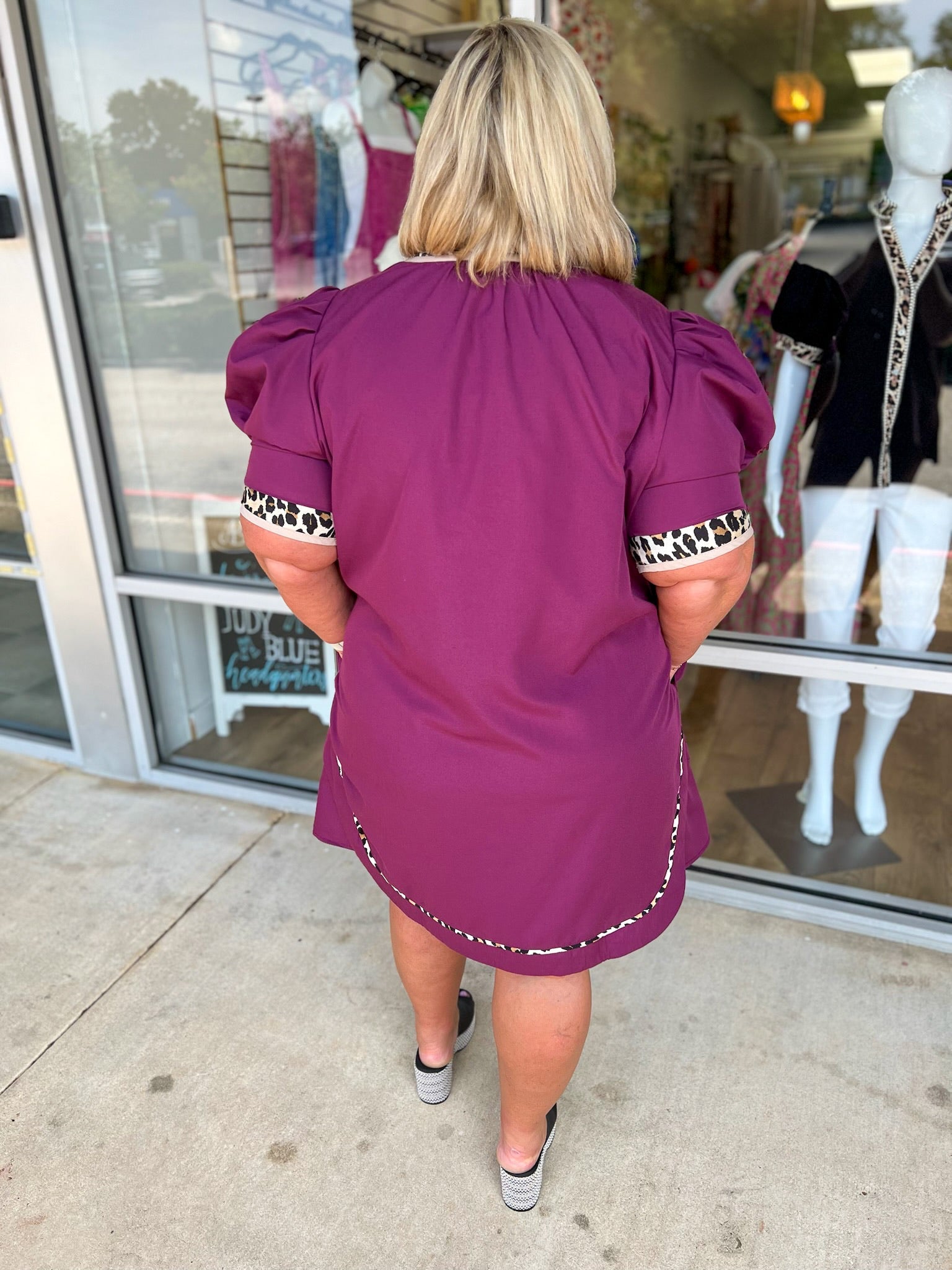 All For You Plum Short Puff Sleeve Dress with Animal Print Contrast Detail (C) - A'Bekah's Boutique