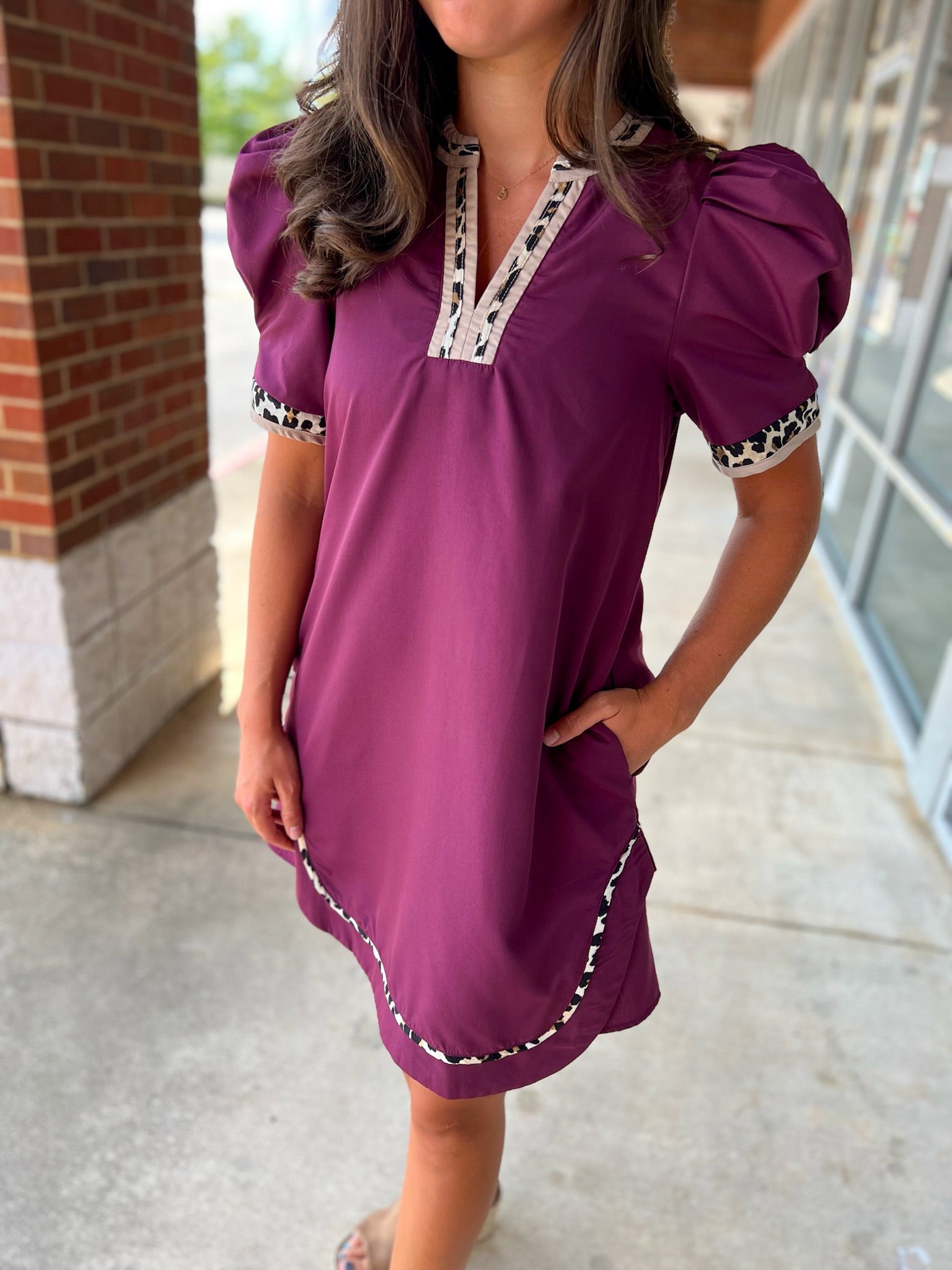 All For You Plum Short Puff Sleeve Dress with Animal Print Contrast Detail (R) - A'Bekah's Boutique