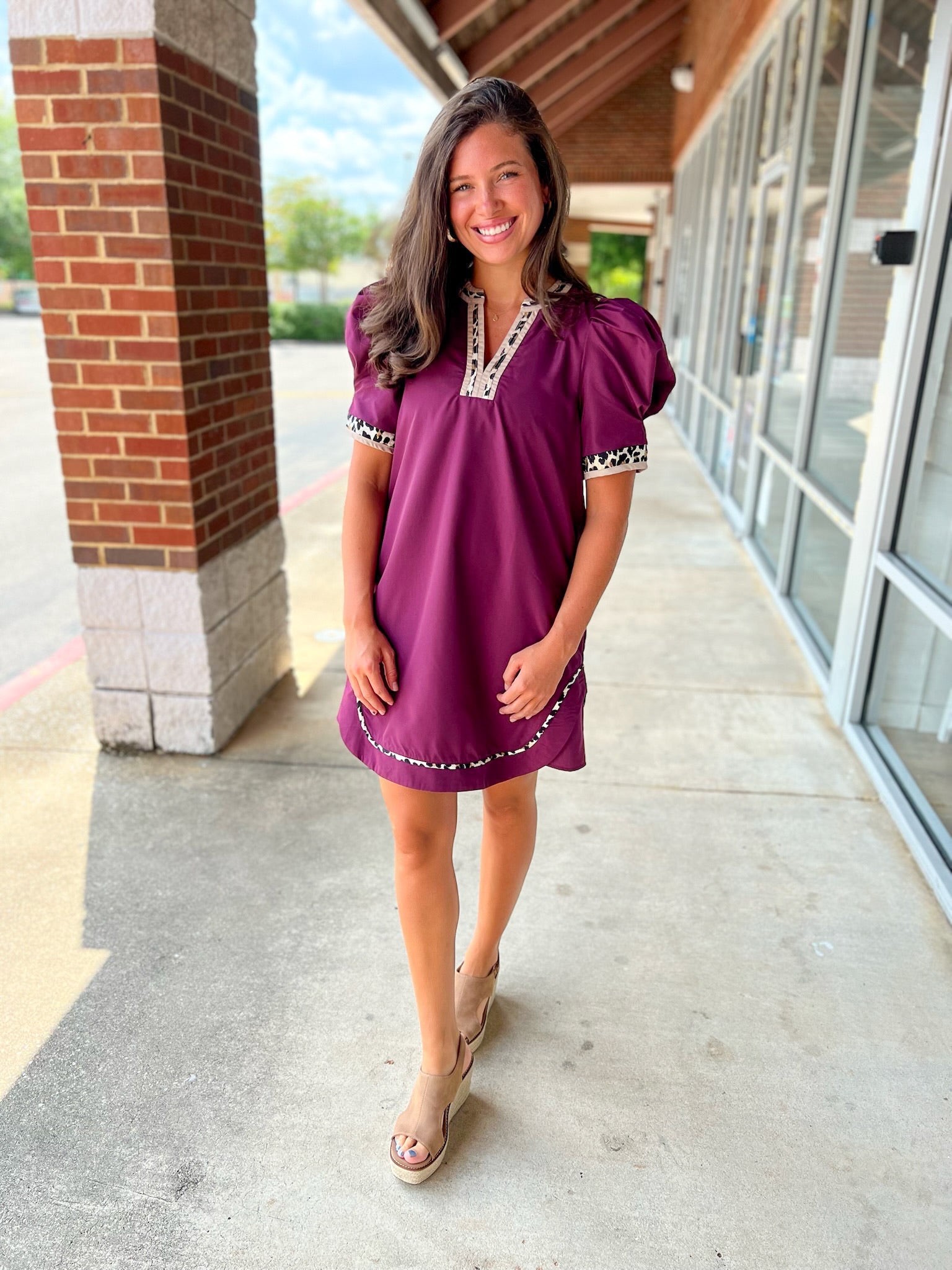 All For You Plum Short Puff Sleeve Dress with Animal Print Contrast Detail (R) - A'Bekah's Boutique