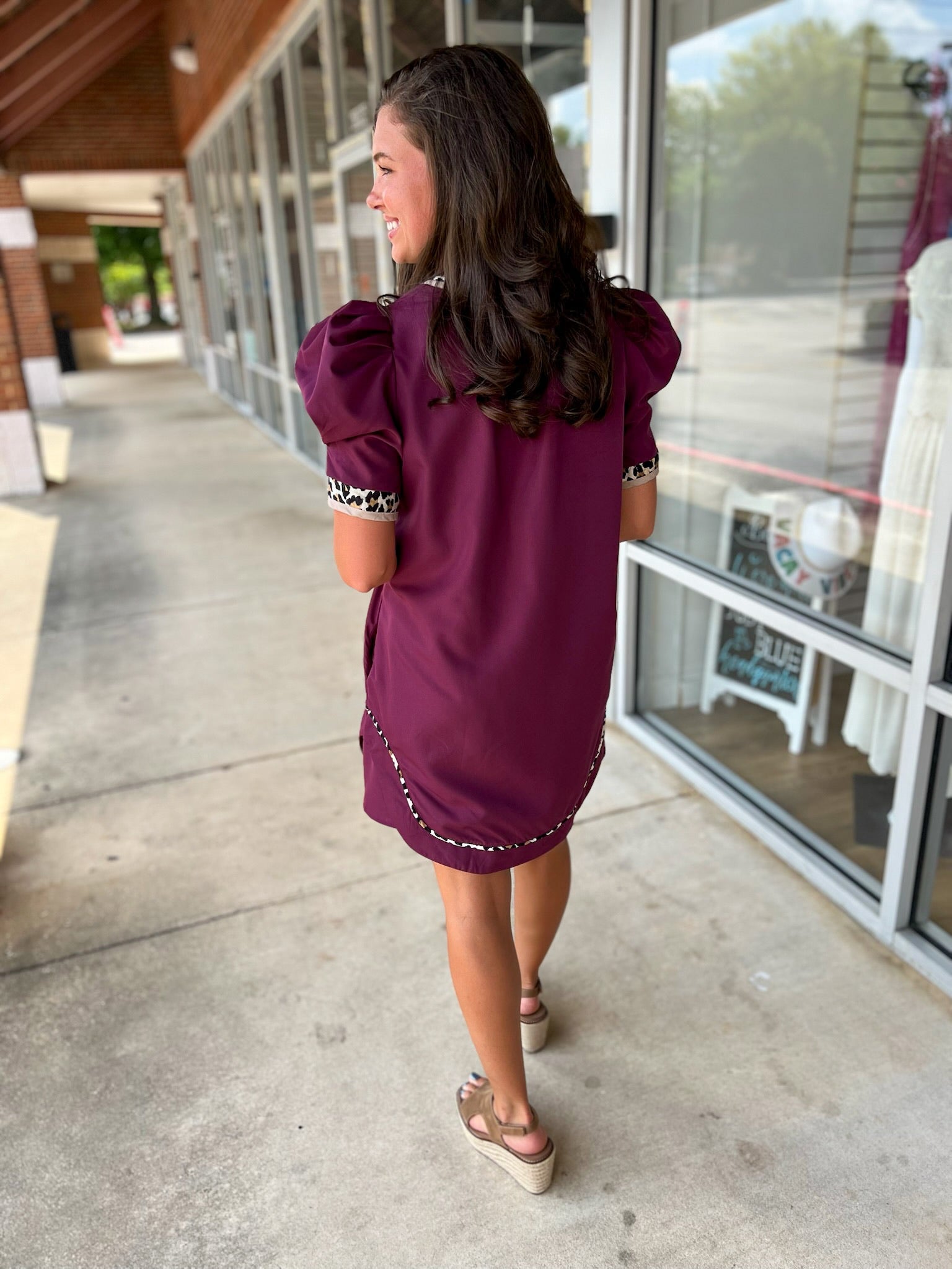 All For You Plum Short Puff Sleeve Dress with Animal Print Contrast Detail (R) - A'Bekah's Boutique