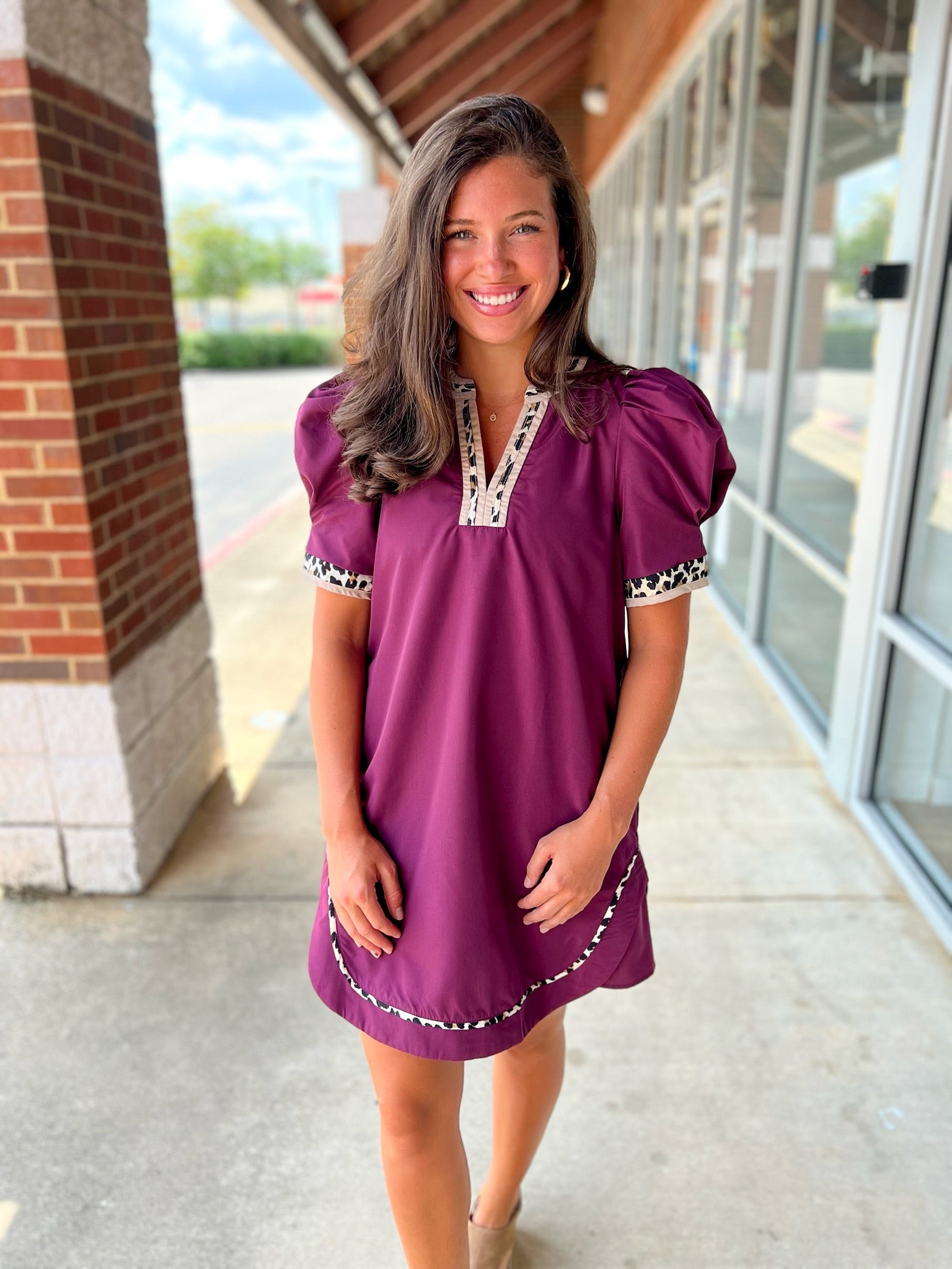All For You Plum Short Puff Sleeve Dress with Animal Print Contrast Detail (R) - A'Bekah's Boutique