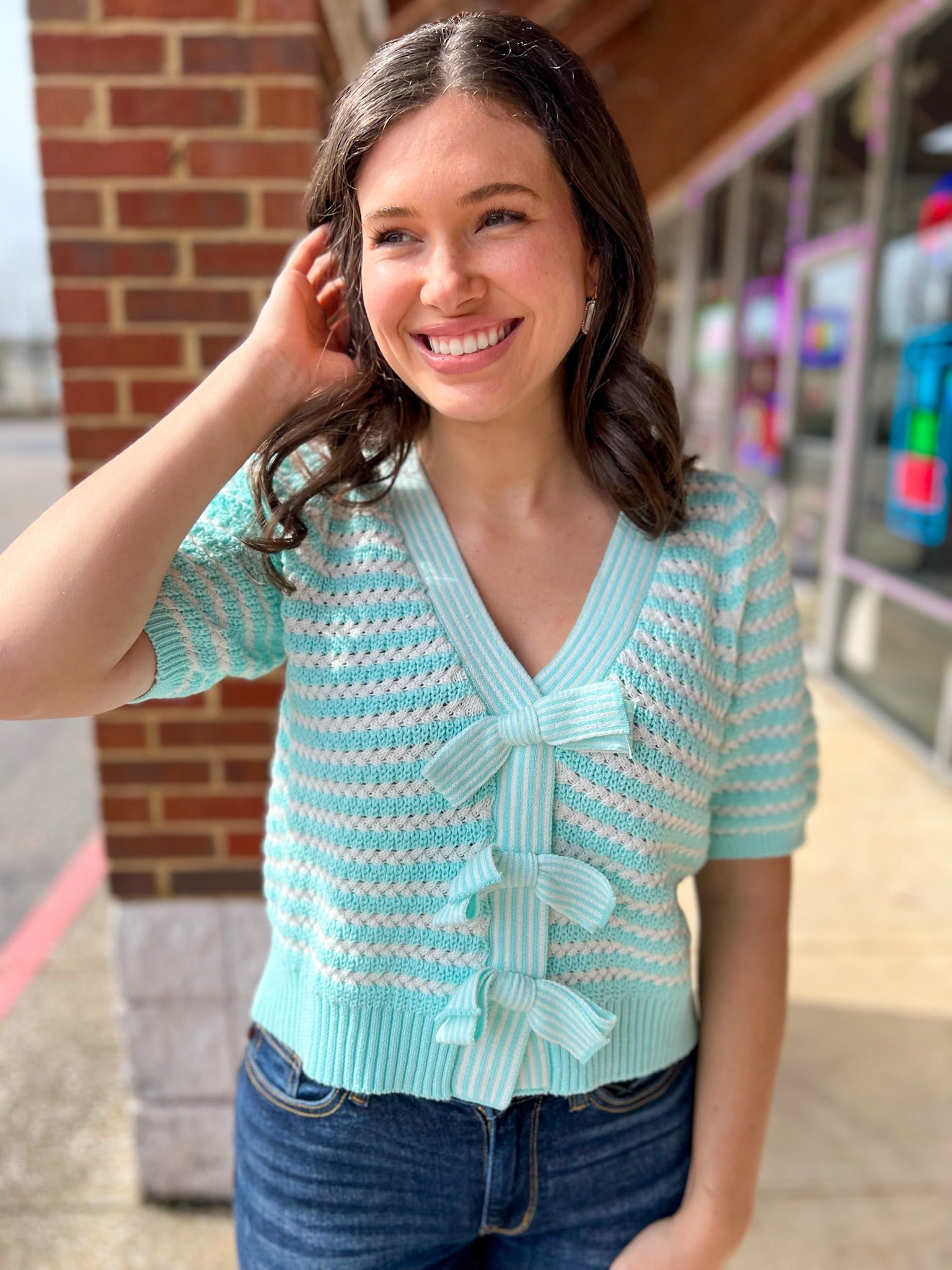 All in a Moment Aqua and Off White Striped Cardigan with Bow Details - A'Bekah's Boutique