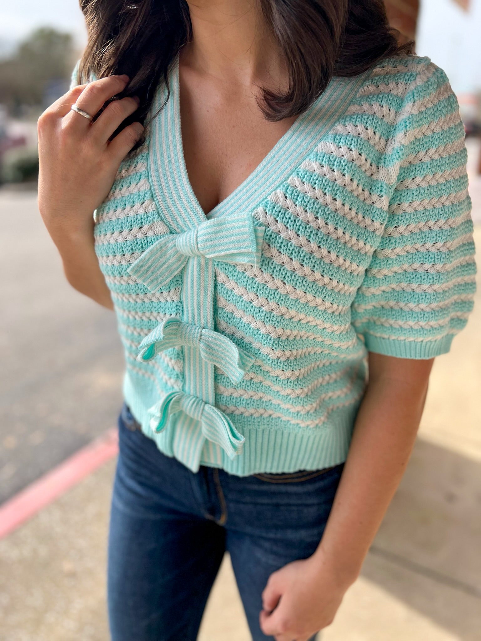 All in a Moment Aqua and Off White Striped Cardigan with Bow Details - A'Bekah's Boutique