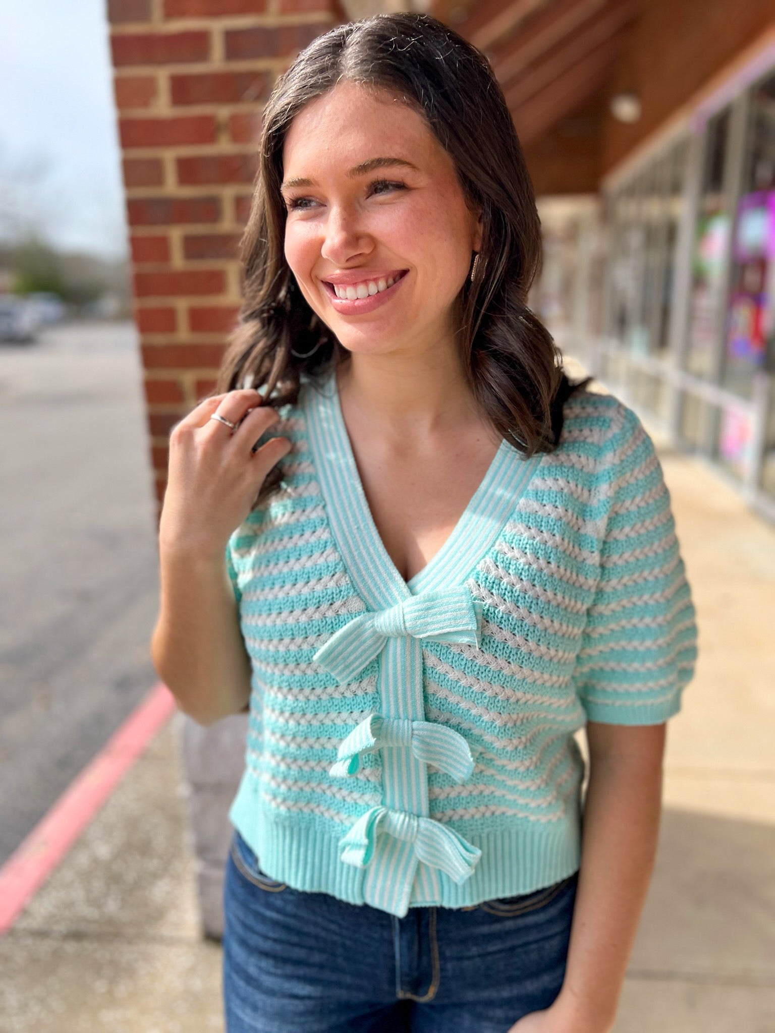 All in a Moment Aqua and Off White Striped Cardigan with Bow Details - A'Bekah's Boutique