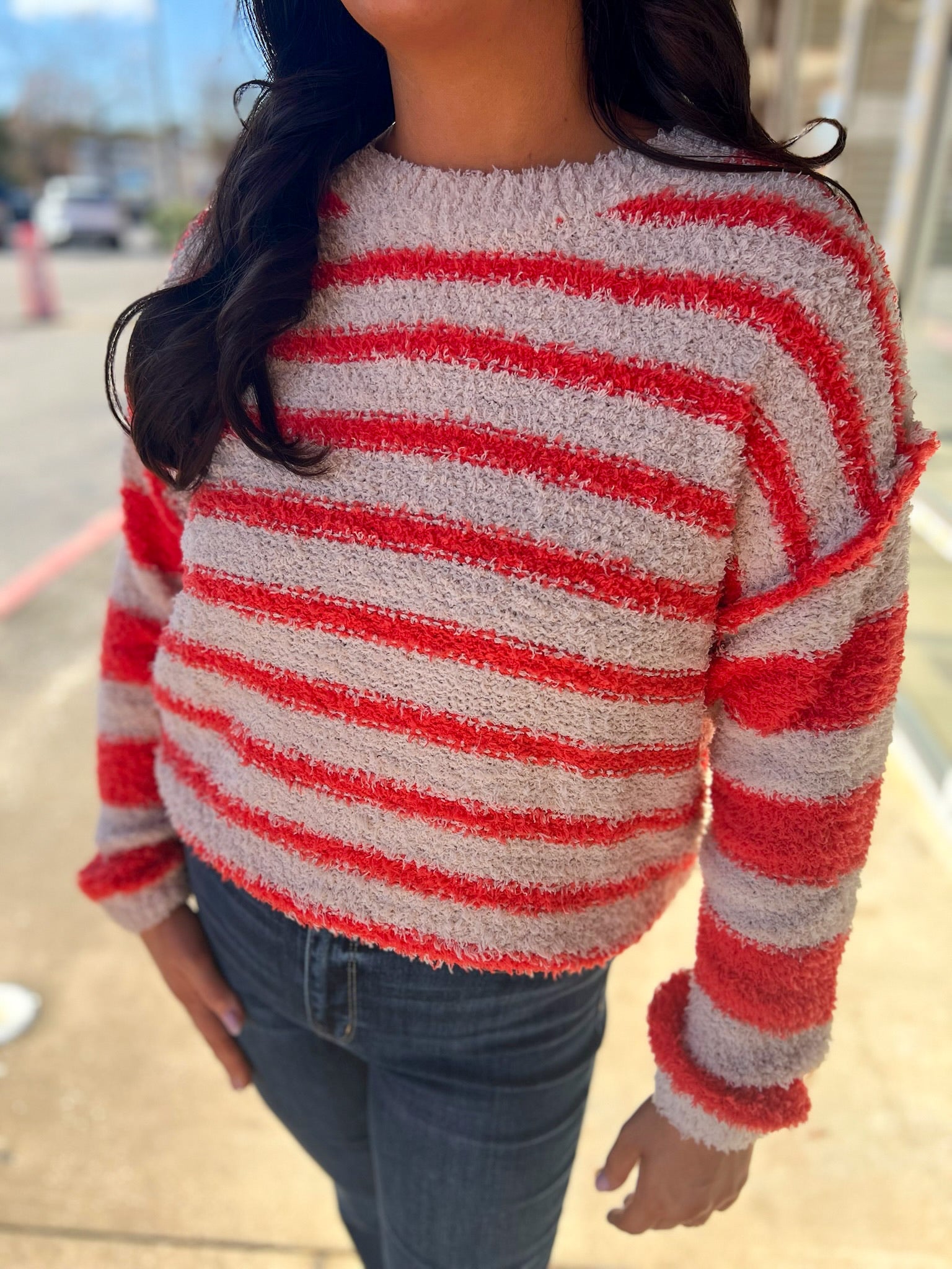 All Set Orange Striped Fleece Sweater - A'Bekah's Boutique