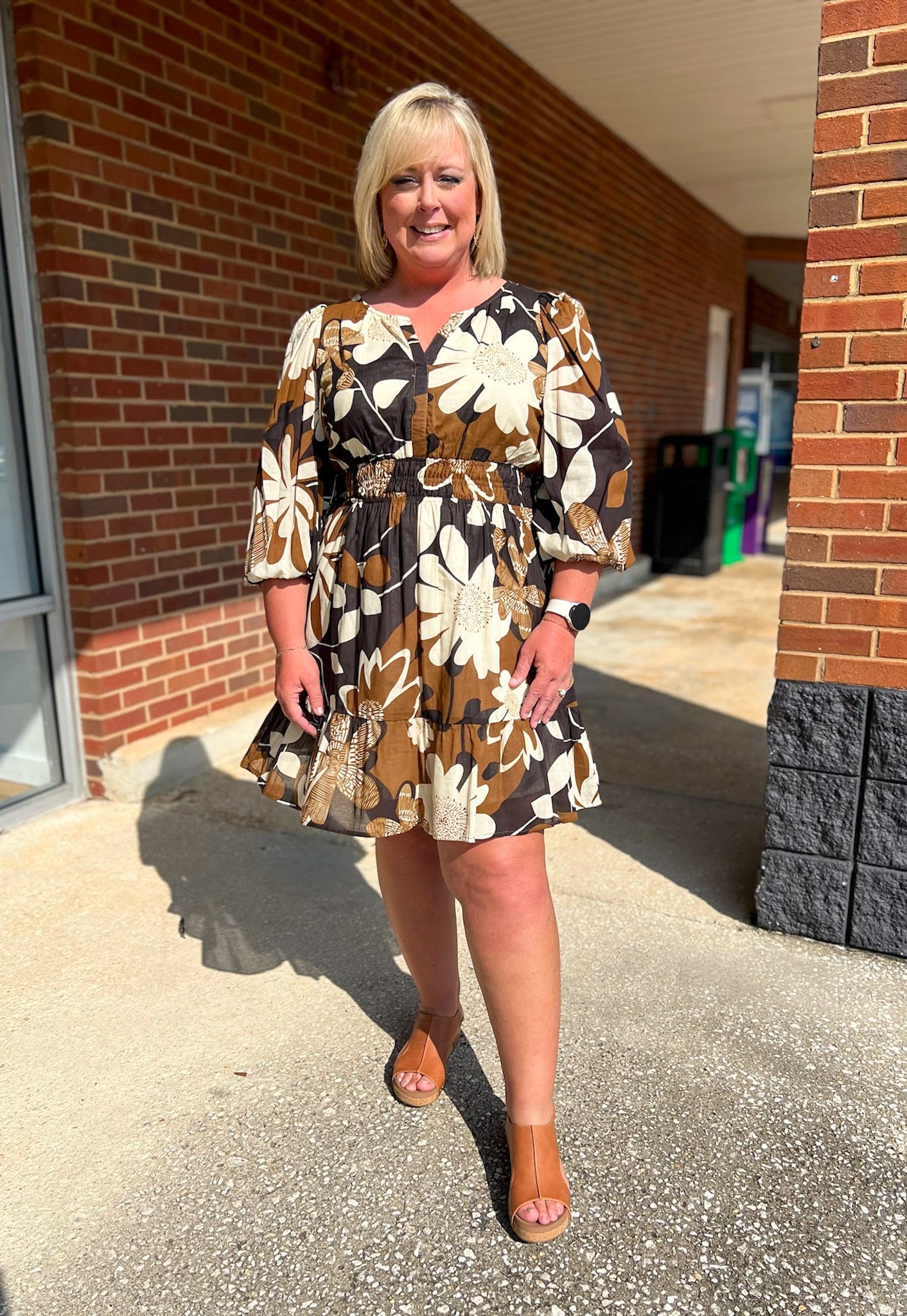 All This Time Camel Abstract Print Dress with 3/4 Length Sleeves (C) - A'Bekah's Boutique
