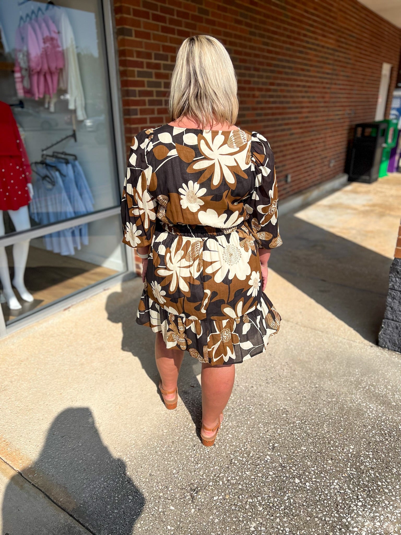 All This Time Camel Abstract Print Dress with 3/4 Length Sleeves (C) - A'Bekah's Boutique