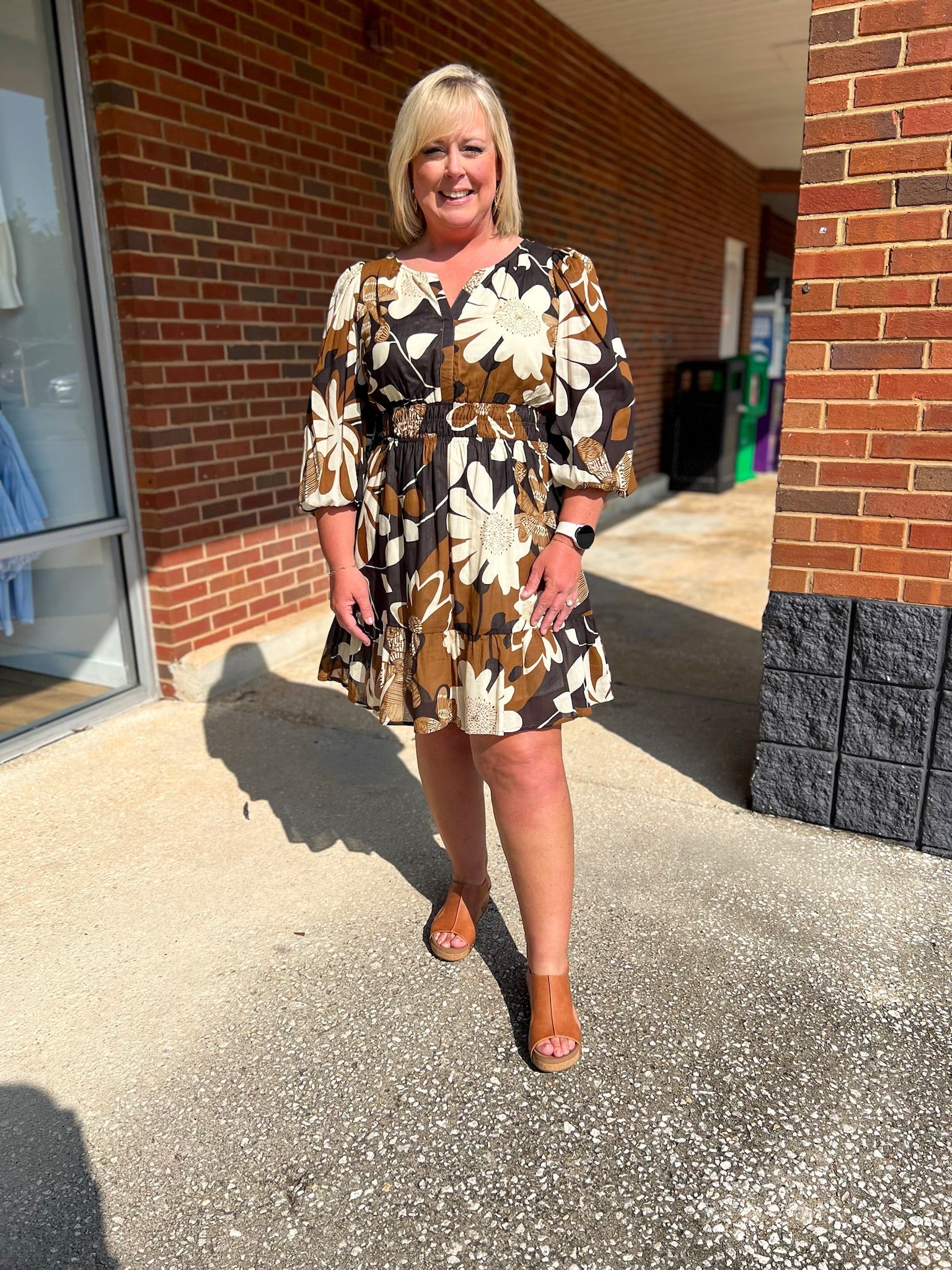 All This Time Camel Abstract Print Dress with 3/4 Length Sleeves (C) - A'Bekah's Boutique